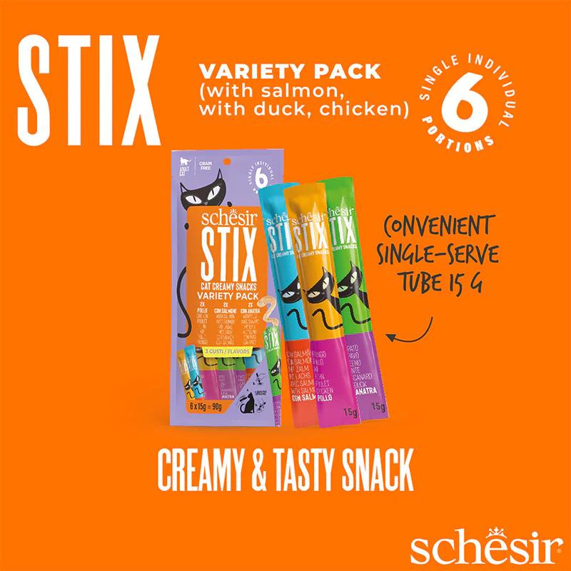 Schesir Stix Treat Variety Pack 6x15g - Mixed Flavors: Chicken,Duck & Salmon