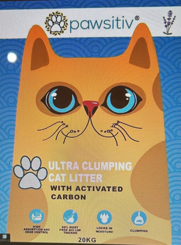 PAWSITIV 'ULTRA CLUMPING' CAT LITTER WITH ACTIVATED CARBON - 20KG - BABY POWDER