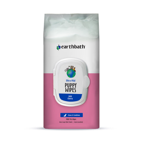 earthbath® Ultra-Mild Puppy Wipes, Wild Cherry, Cleans & Conditions, 100 ct plant-based wipes in re-sealable pouch