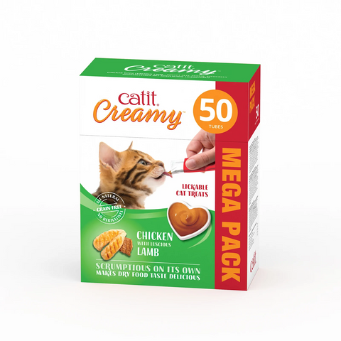 *CATIT CREAMY TREATS MEGA PACK CHICKEN WITH LAMB, 50 TUBES/BOX