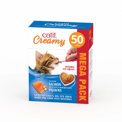 CATIT CREAMY TREATS MEGA PACK SALMON WITH PRAWN, 50 TUBES/BOX